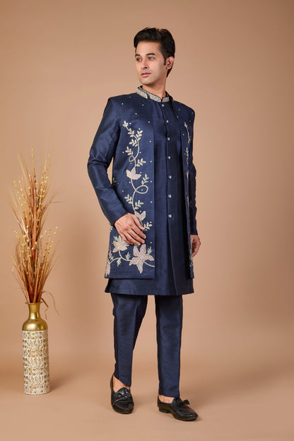 Modern Navy Raw Silk Men’s Indo-western
