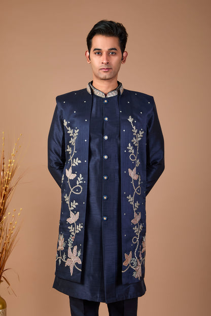 Modern Navy Raw Silk Men’s Indo-western