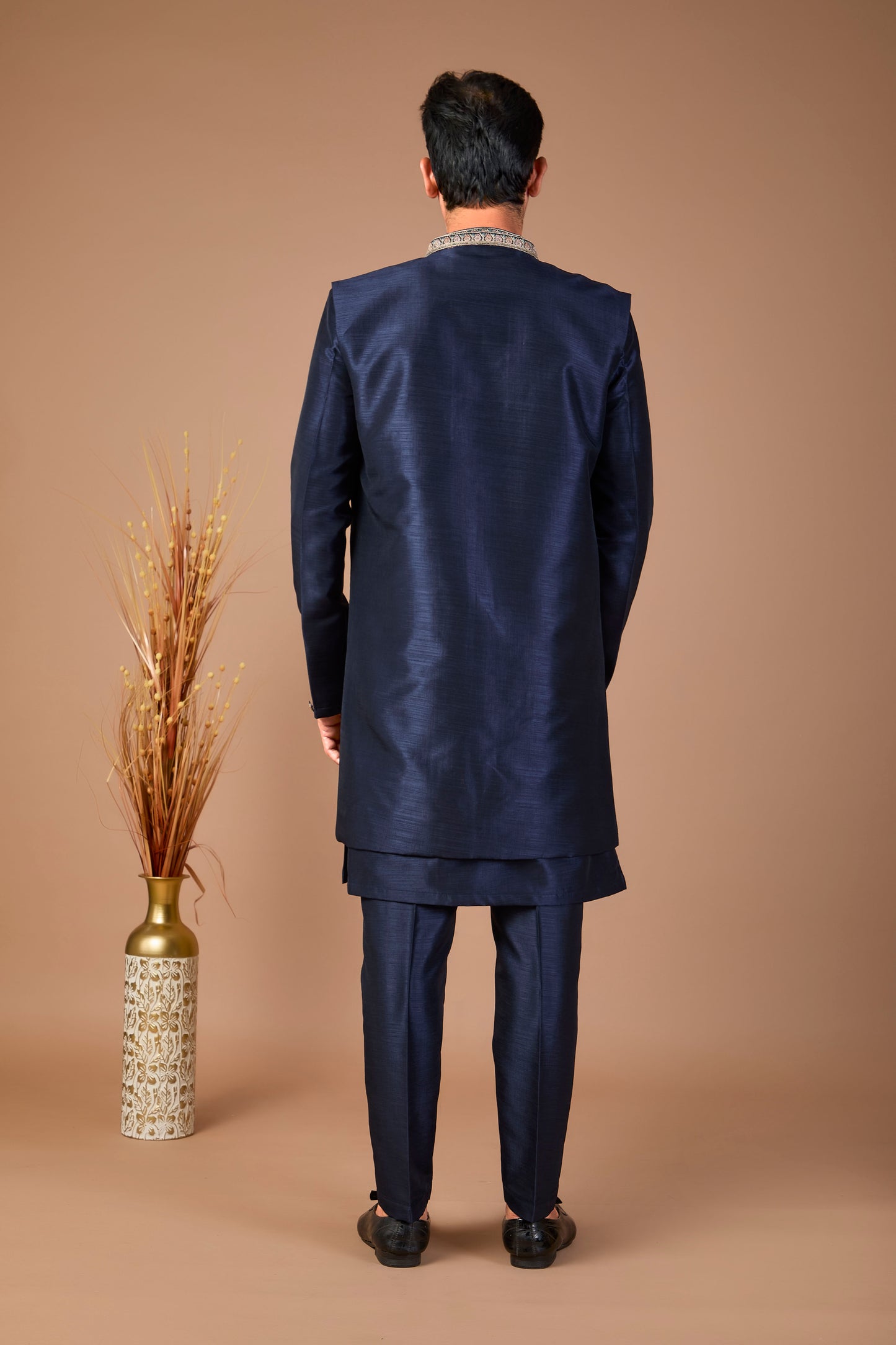 Modern Navy Raw Silk Men’s Indo-western