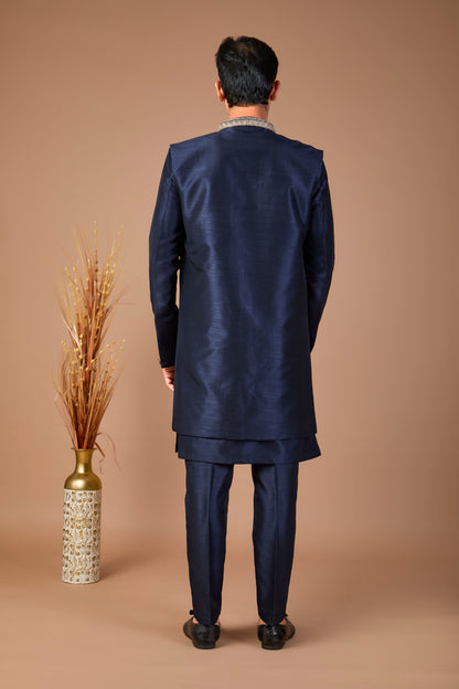 Modern Navy Raw Silk Men’s Indo-western