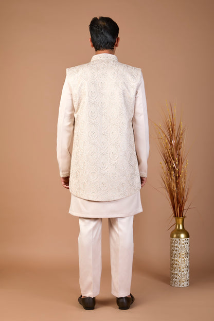 Light Peach Silk Men’s Indo-western for Wedding and Engagement