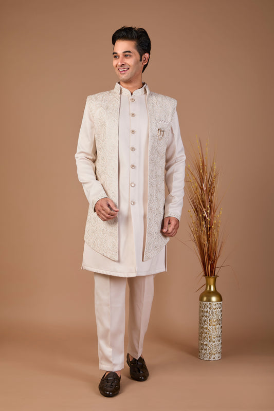 Light Peach Silk Men’s Indo-western for Wedding and Engagement