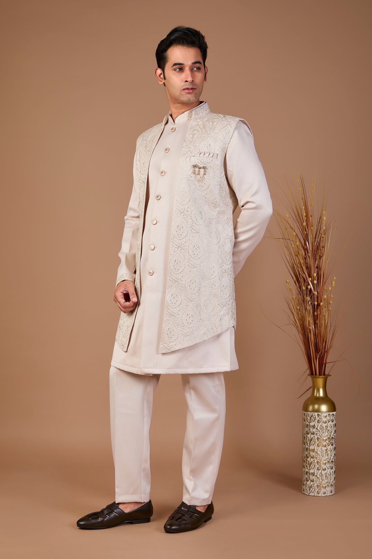 Light Peach Silk Men’s Indo-western for Wedding and Engagement