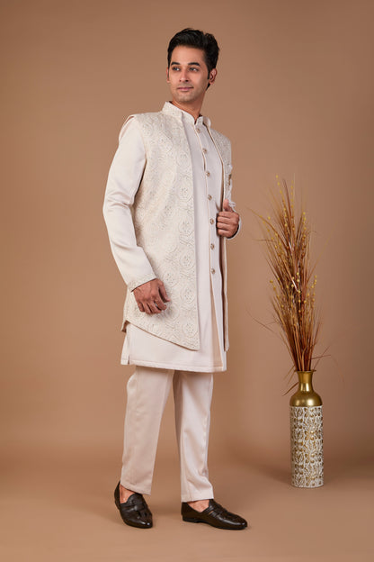 Light Peach Silk Men’s Indo-western for Wedding and Engagement
