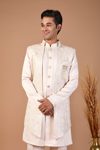 Light Peach Silk Men’s Indo-western for Wedding and Engagement