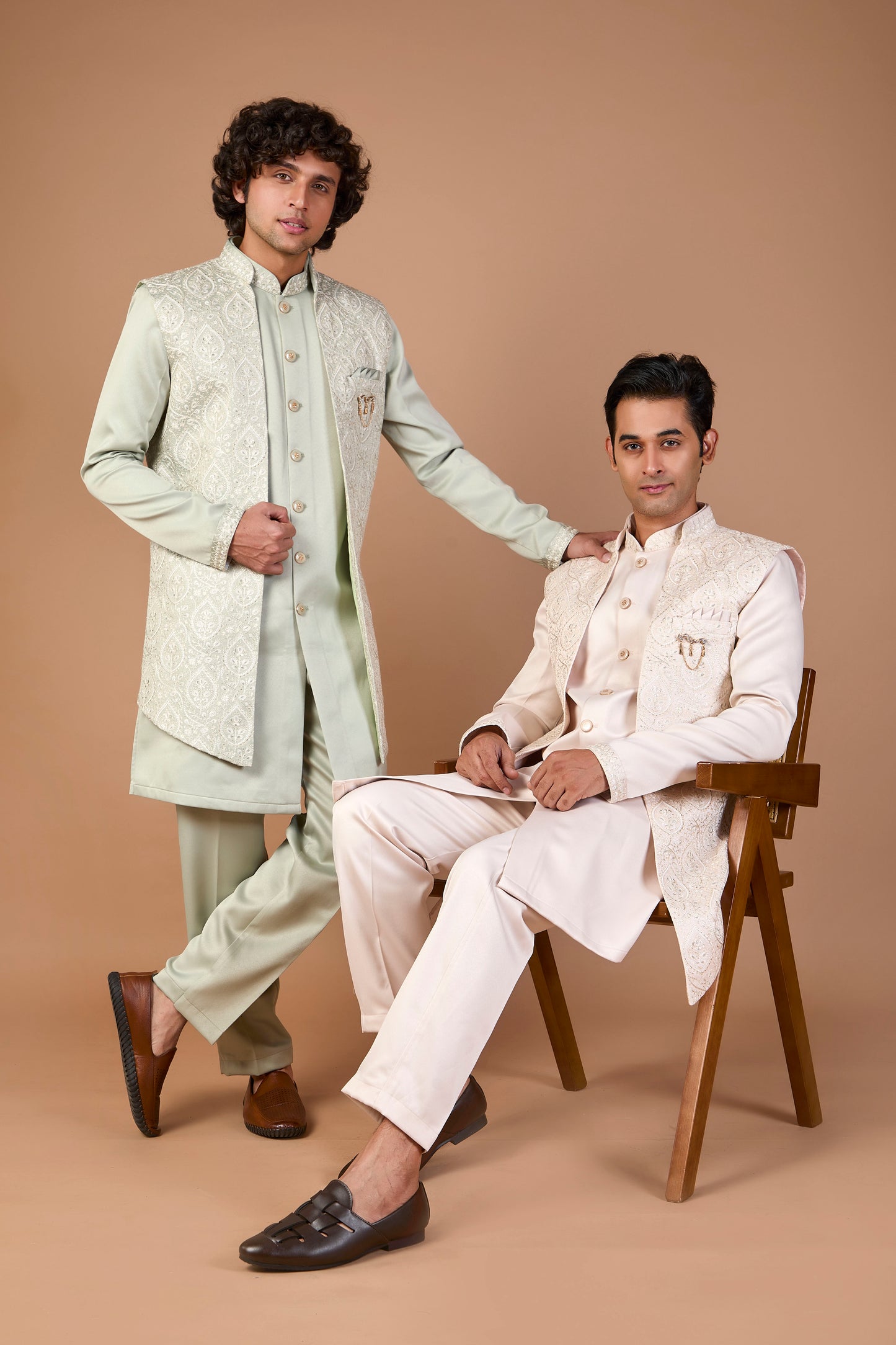 Light Peach Silk Men’s Indo-western for Wedding and Engagement