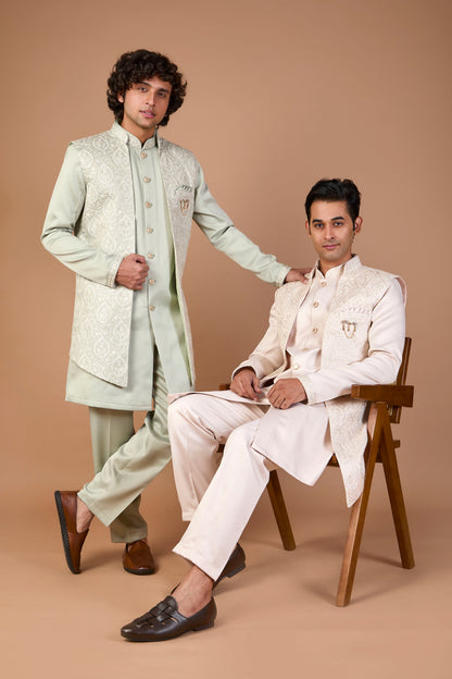 Light Peach Silk Men’s Indo-western for Wedding and Engagement