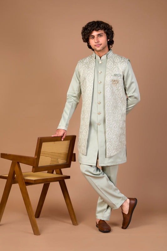 Men’s Stylish Light Green Indo-western for Wedding Look