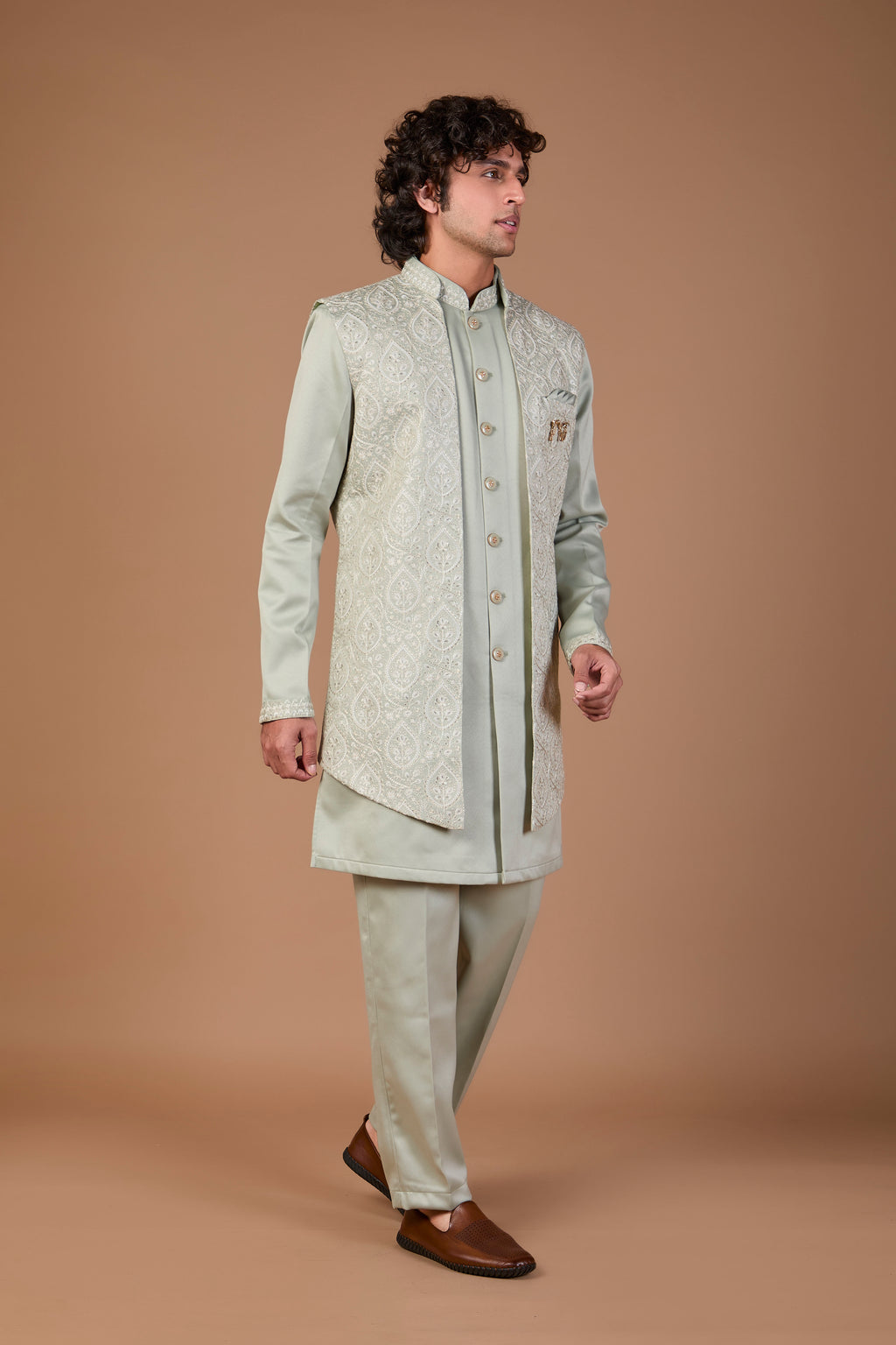 Men’s Stylish Mint Green Indo-western in Silk for Wedding Look