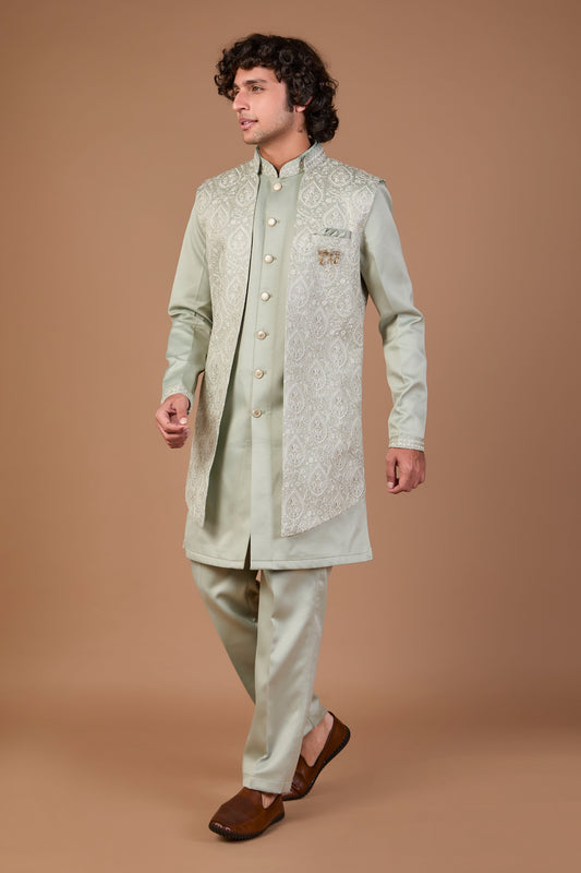 Men’s Stylish Light Green Indo-western for Wedding Look