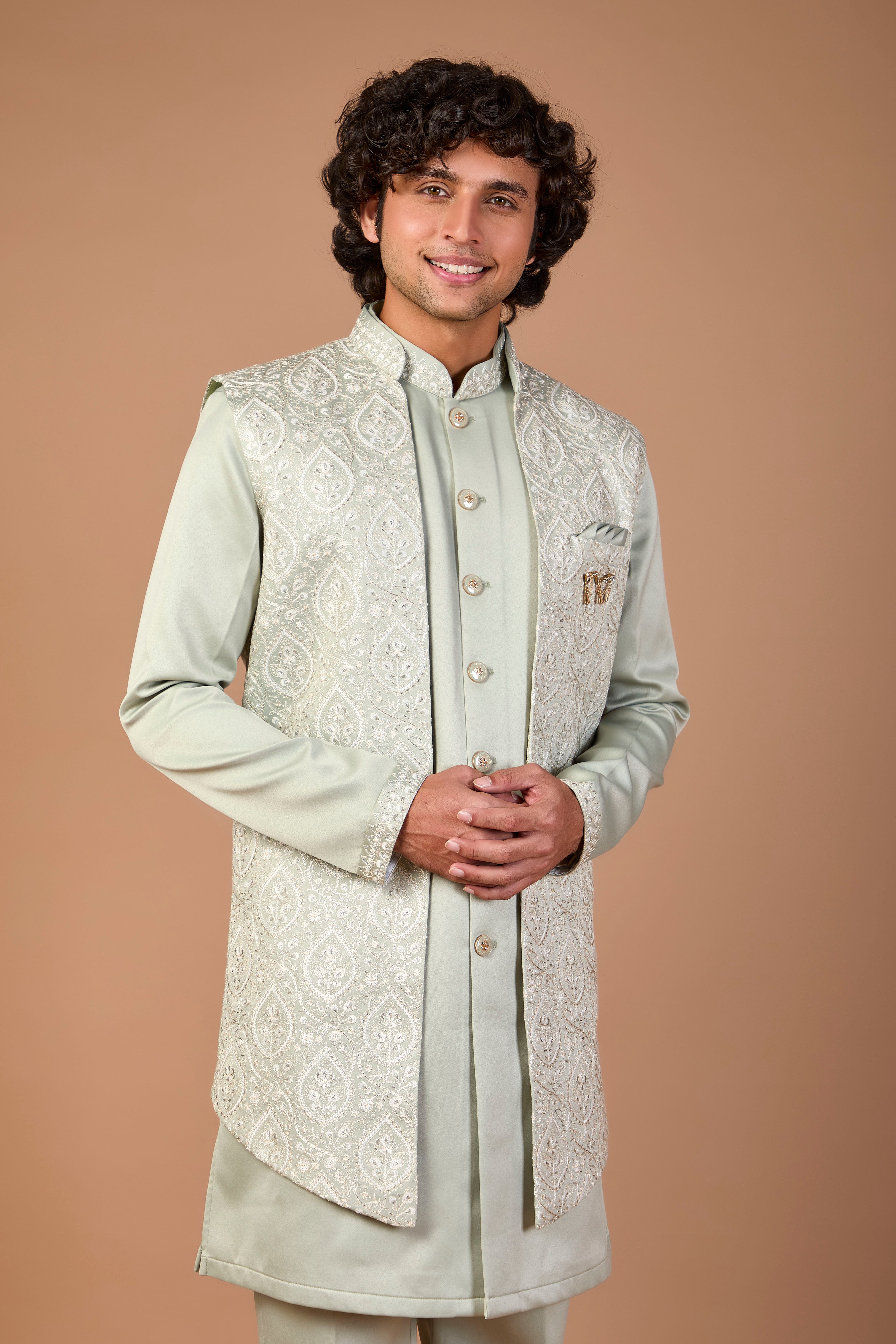 Men’s Stylish Mint Green Indo-western in Silk for Wedding Look