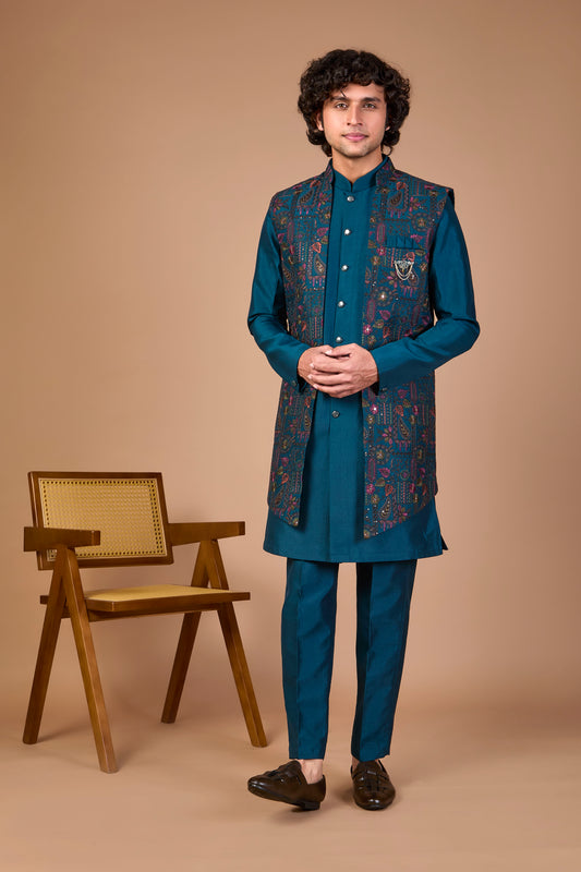 Men’s Teal Blue Indo-western Designed in Silk