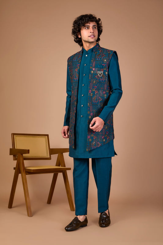 Men’s Teal Blue Indo-western Designed in Silk