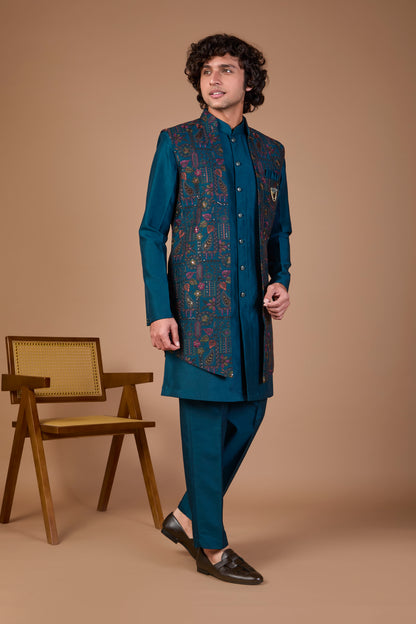 Men’s Teal Blue Indo-western Designed in Silk