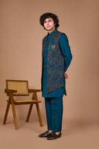 Men’s Teal Blue Indo-western Designed in Silk for Festive Events