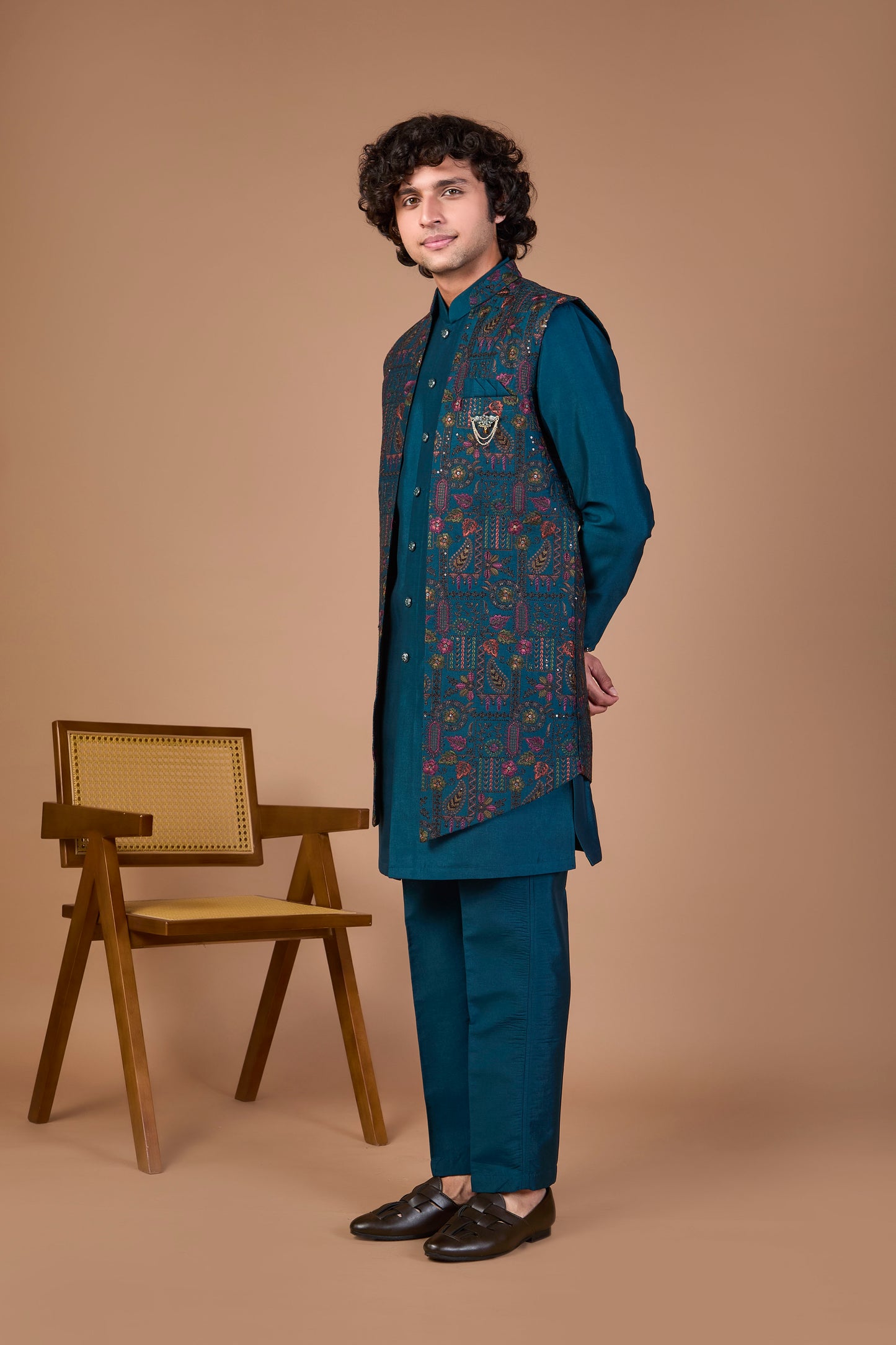 Men’s Teal Blue Indo-western Designed in Silk