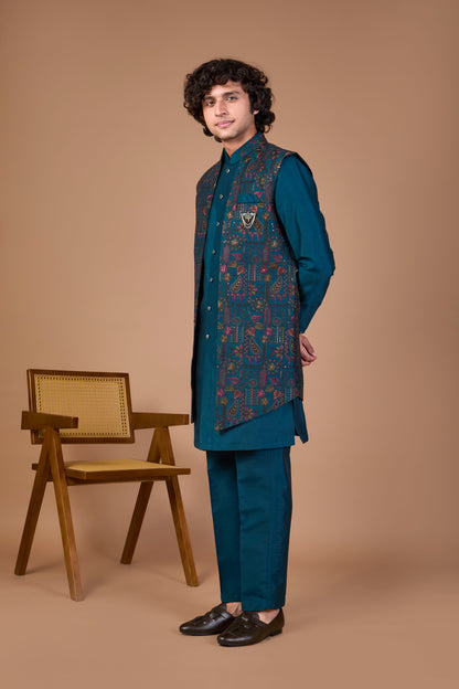 Men’s Teal Blue Indo-western Designed in Silk