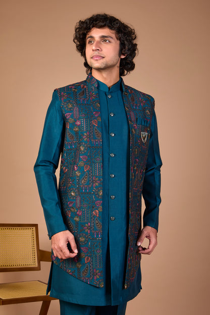 Men’s Teal Blue Indo-western Designed in Silk