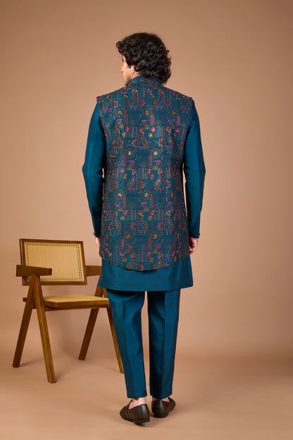 Men’s Teal Blue Indo-western Designed in Silk