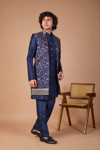 Navy Men's Indo-western in Raw silk with Elegance Embroidery work