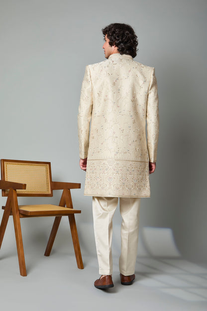 Engagement Wear Men's Cream Raw Silk Indo-western