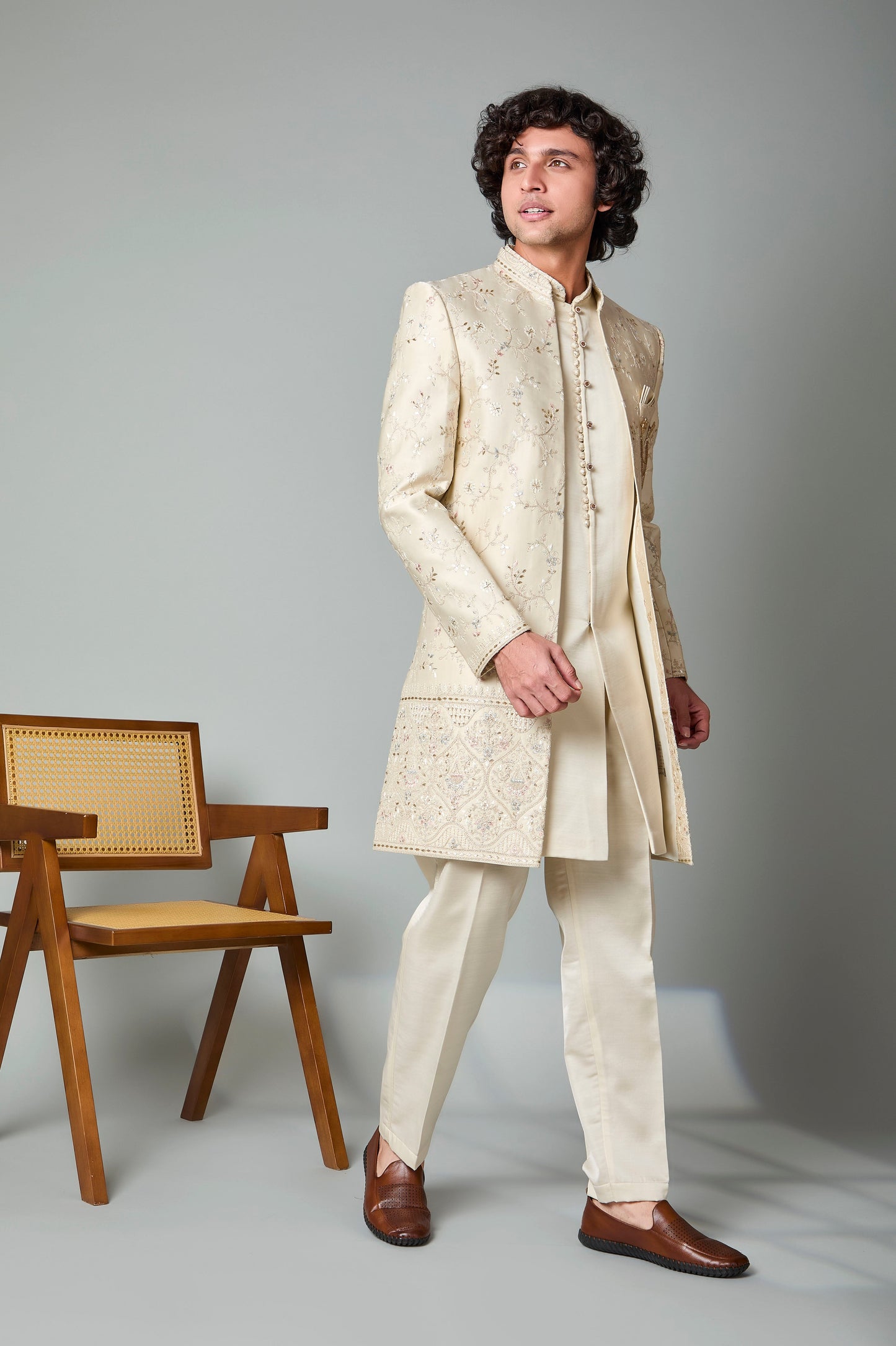 Engagement Wear Men's Cream Raw Silk Indo-western