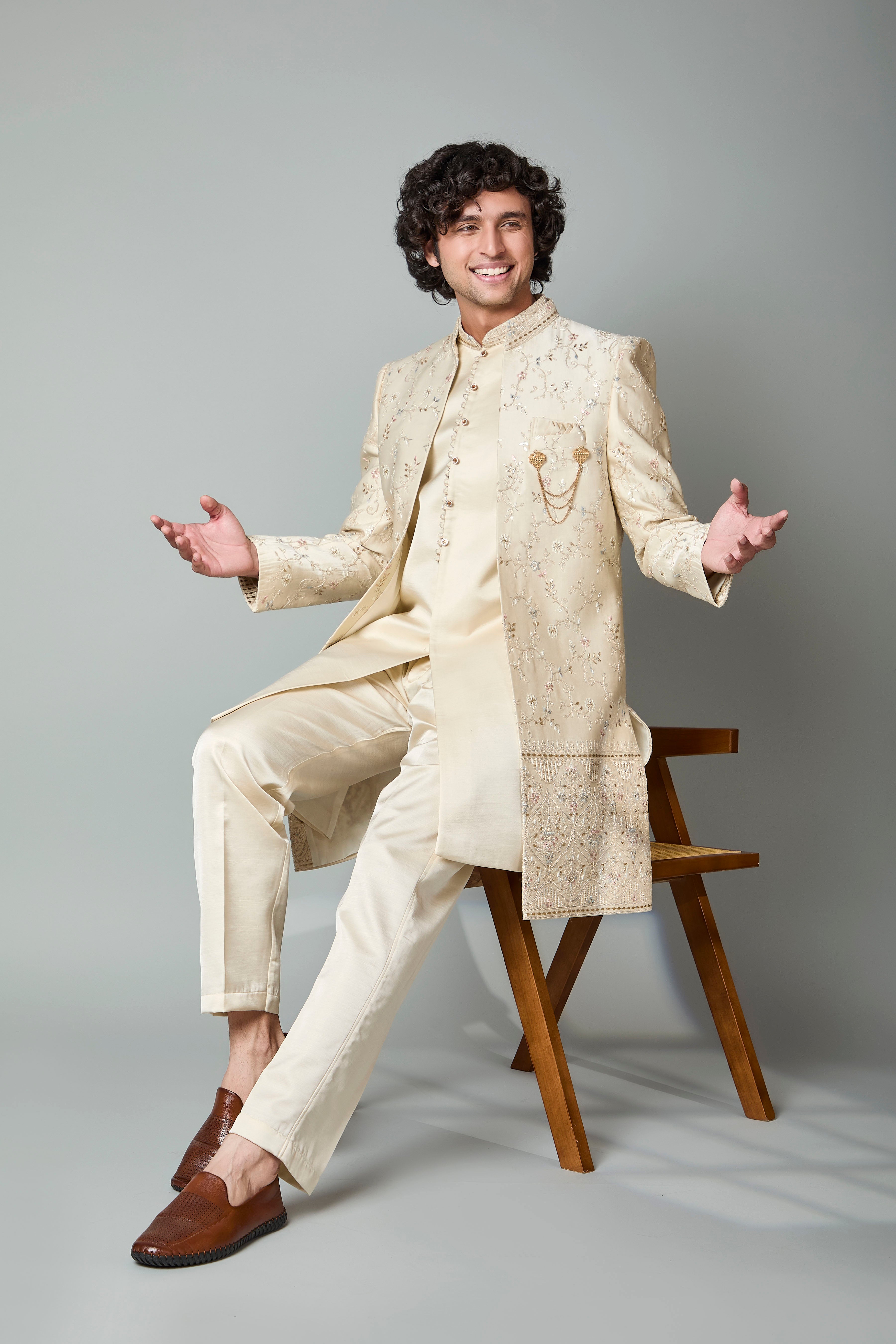 Cream Raw Silk Indo Western for Men – Engagement Wear