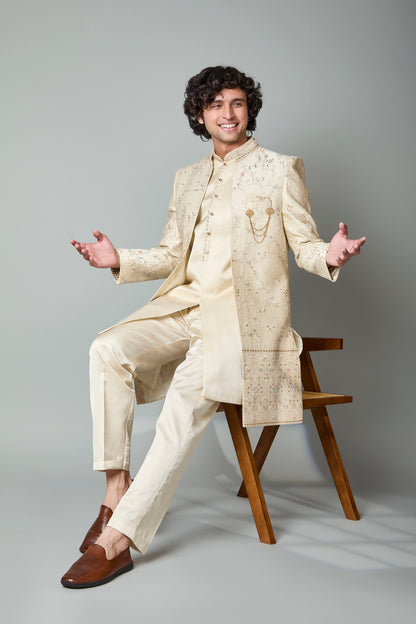Engagement Wear Men's Cream Raw Silk Indo-western