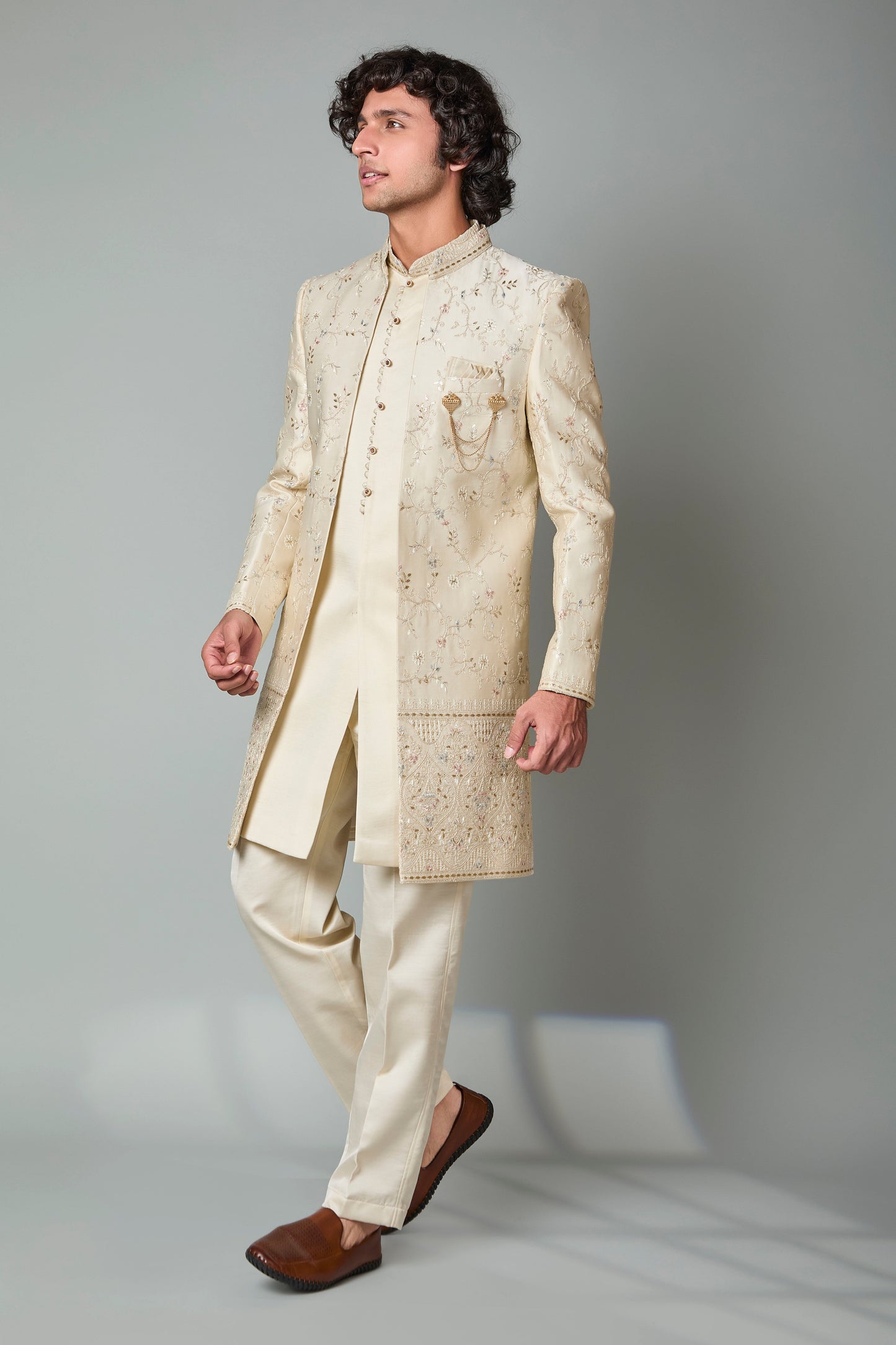 Engagement Wear Men's Cream Raw Silk Indo-western