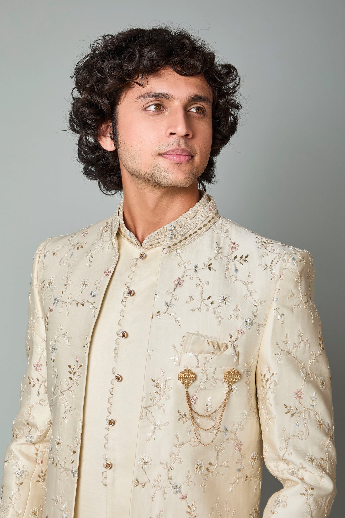 Engagement Wear Men's Cream Raw Silk Indo-western