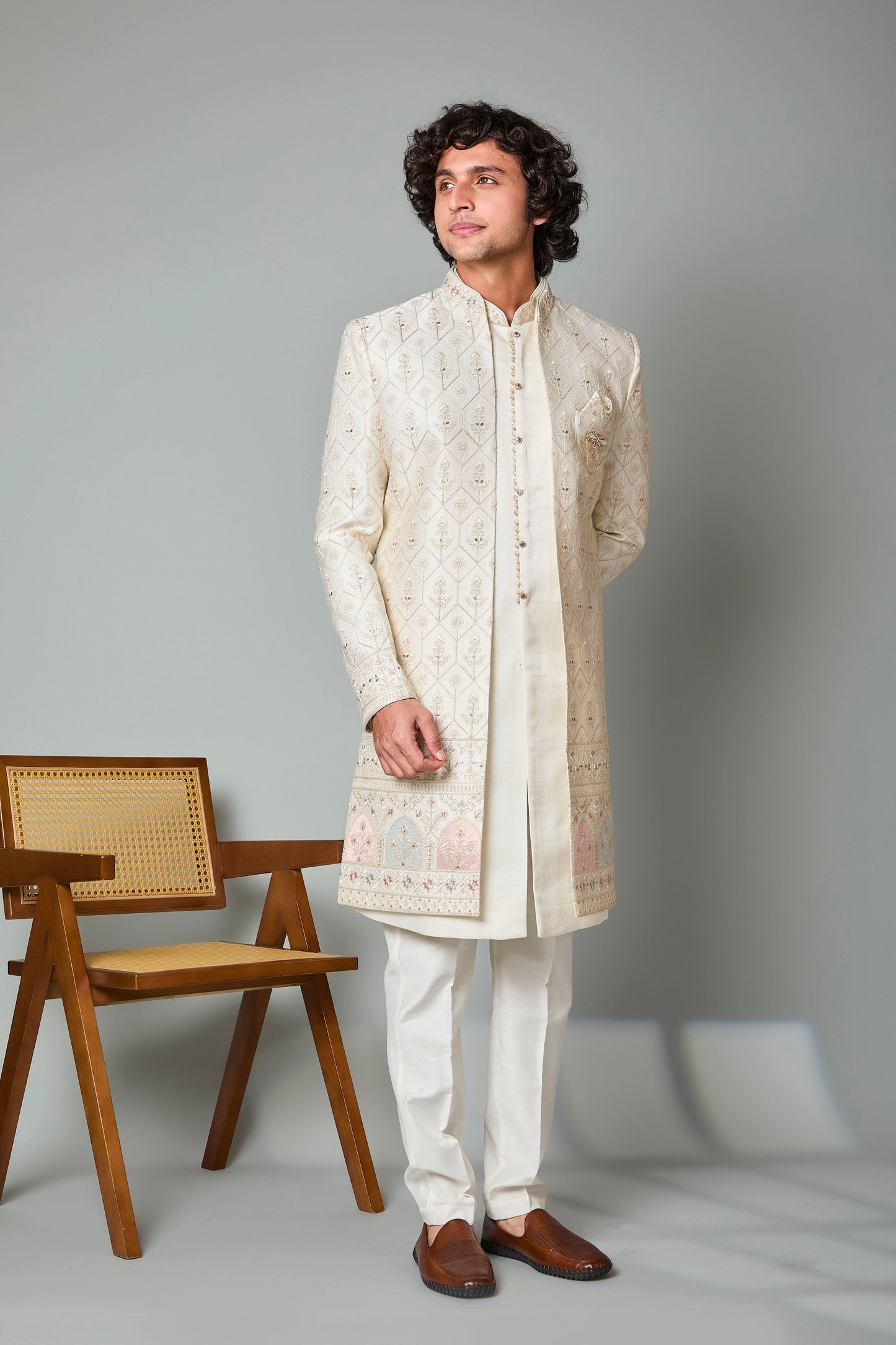 Adorn with Embroidered Cream Men's Indo-western