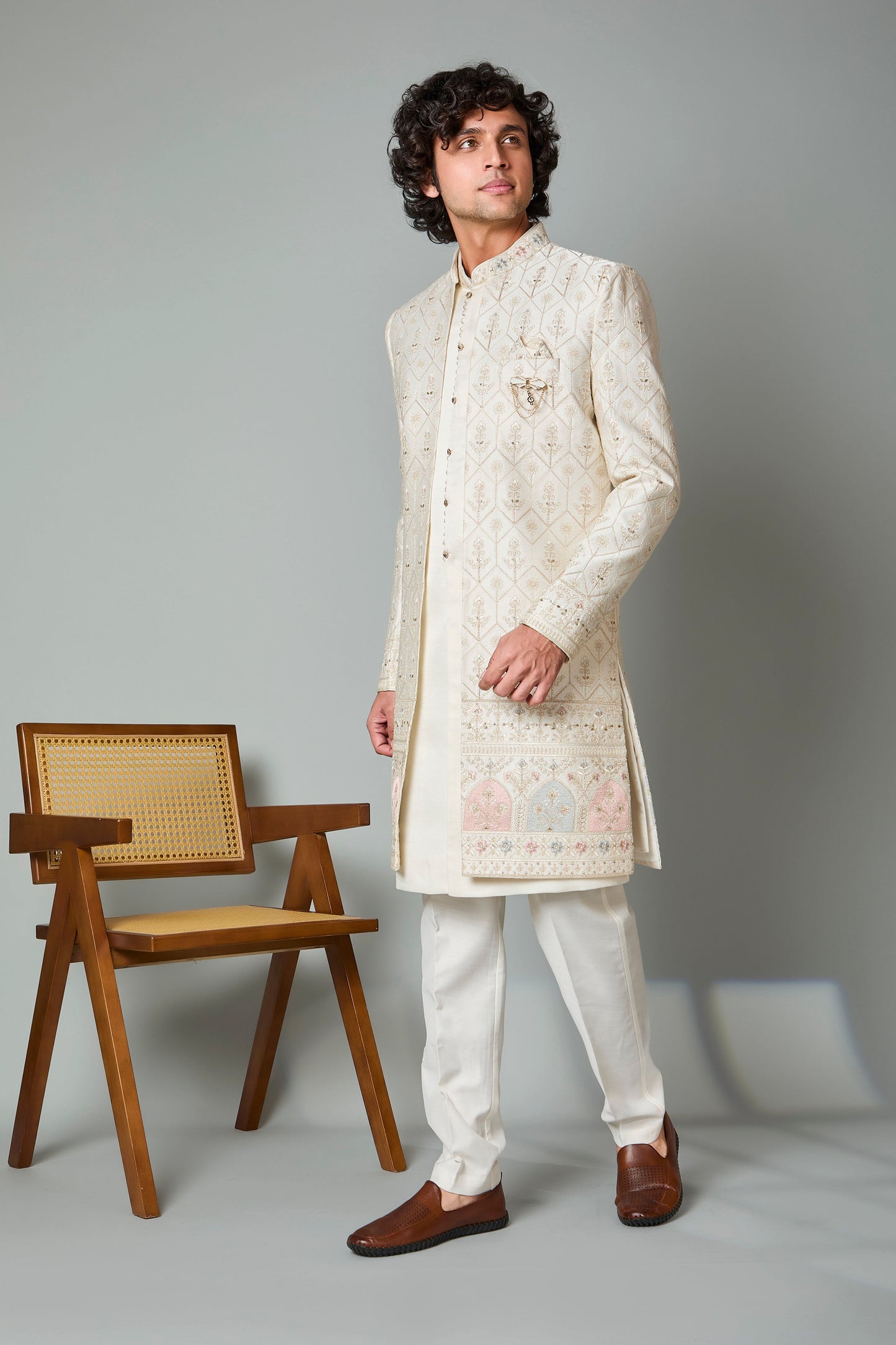 Adorn with Embroidered Cream Men's Indo-western