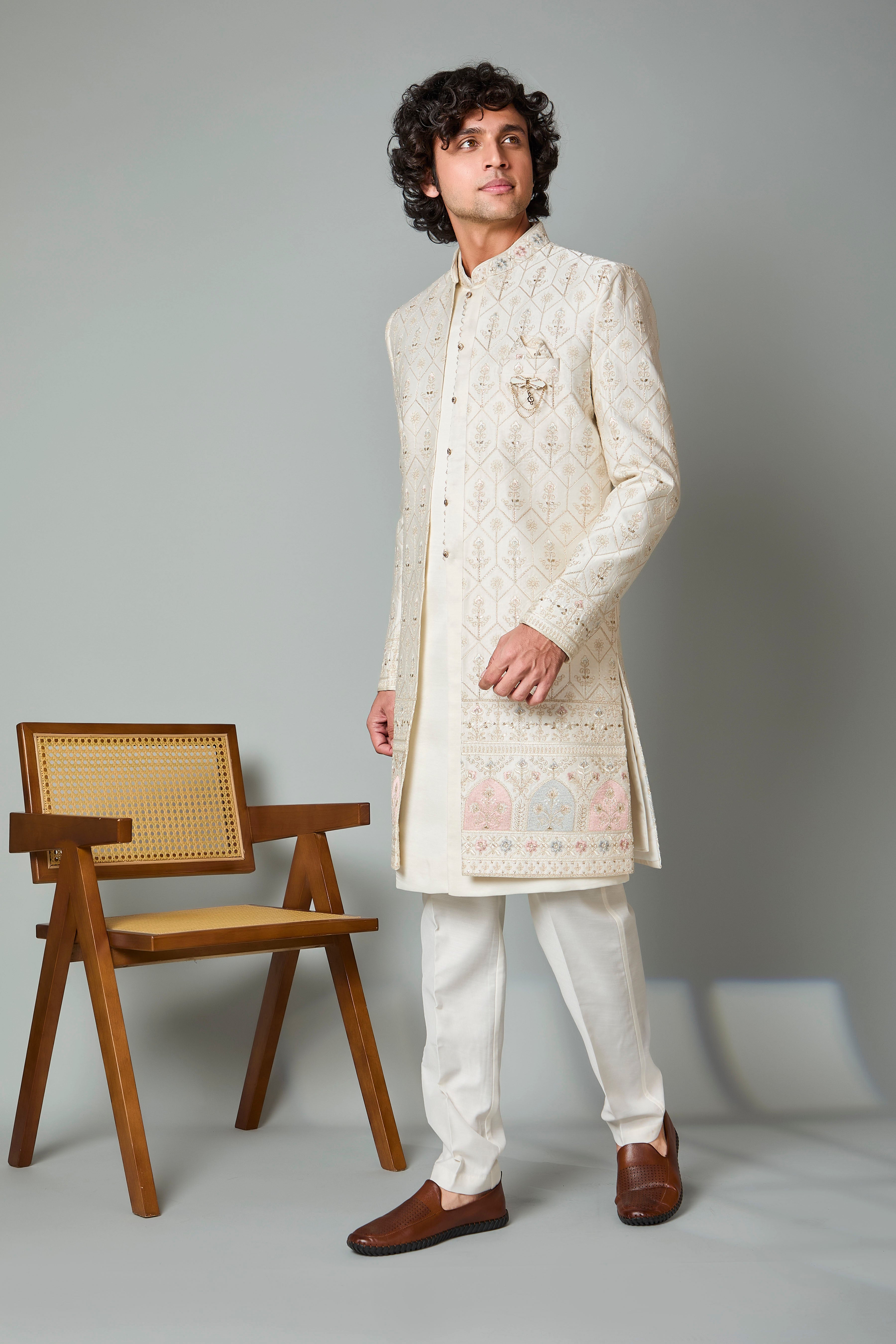 Adorn with Embroidered Cream Men's Indo-western with Raw Silk