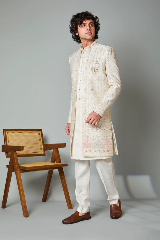 Adorn with Embroidered Cream Men's Indo-western