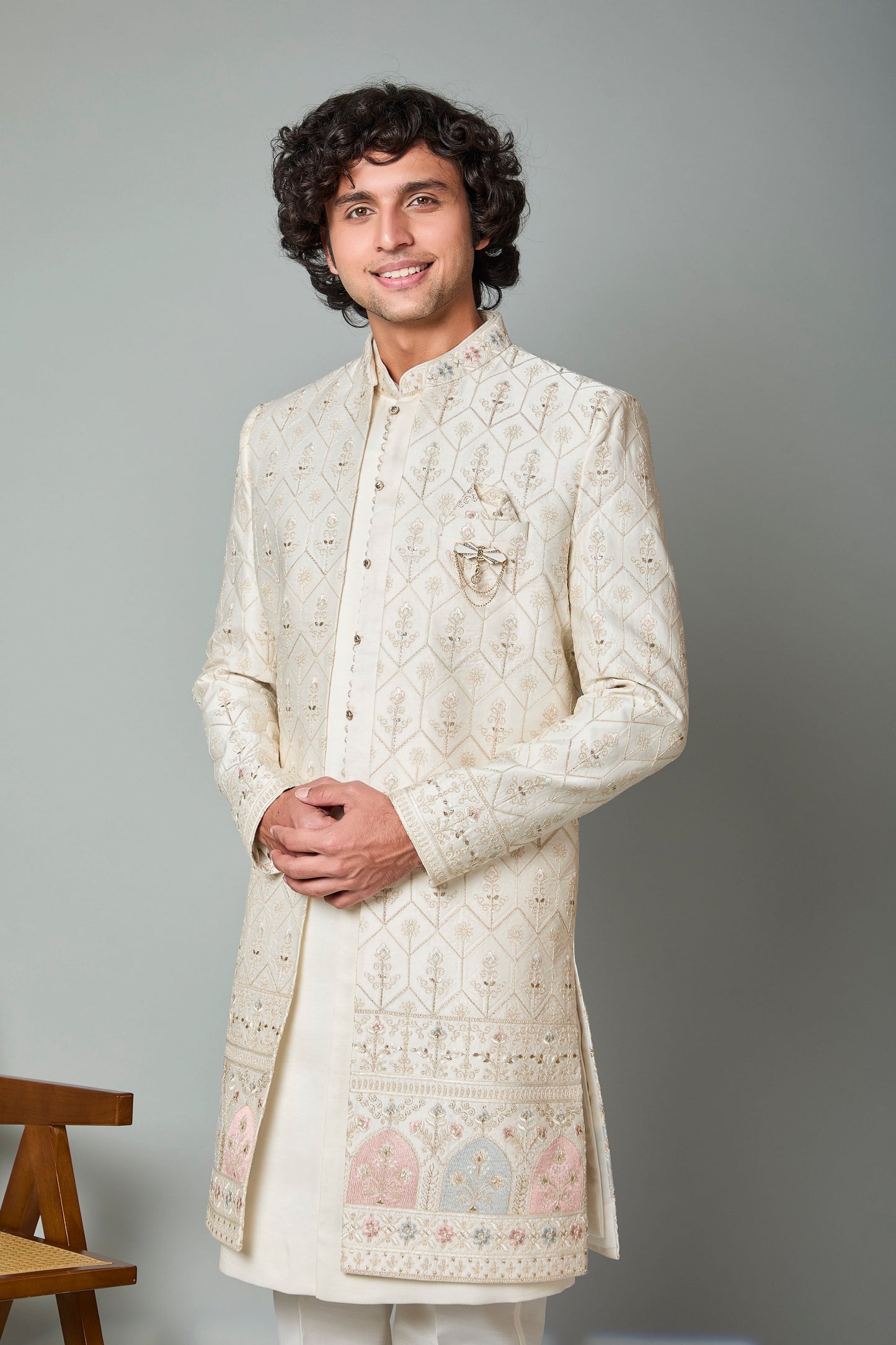 Adorn with Embroidered Cream Men's Indo-western