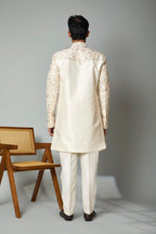 Cream Men's Indo-western in Smooth Raw Silk for Wedding Celebrations