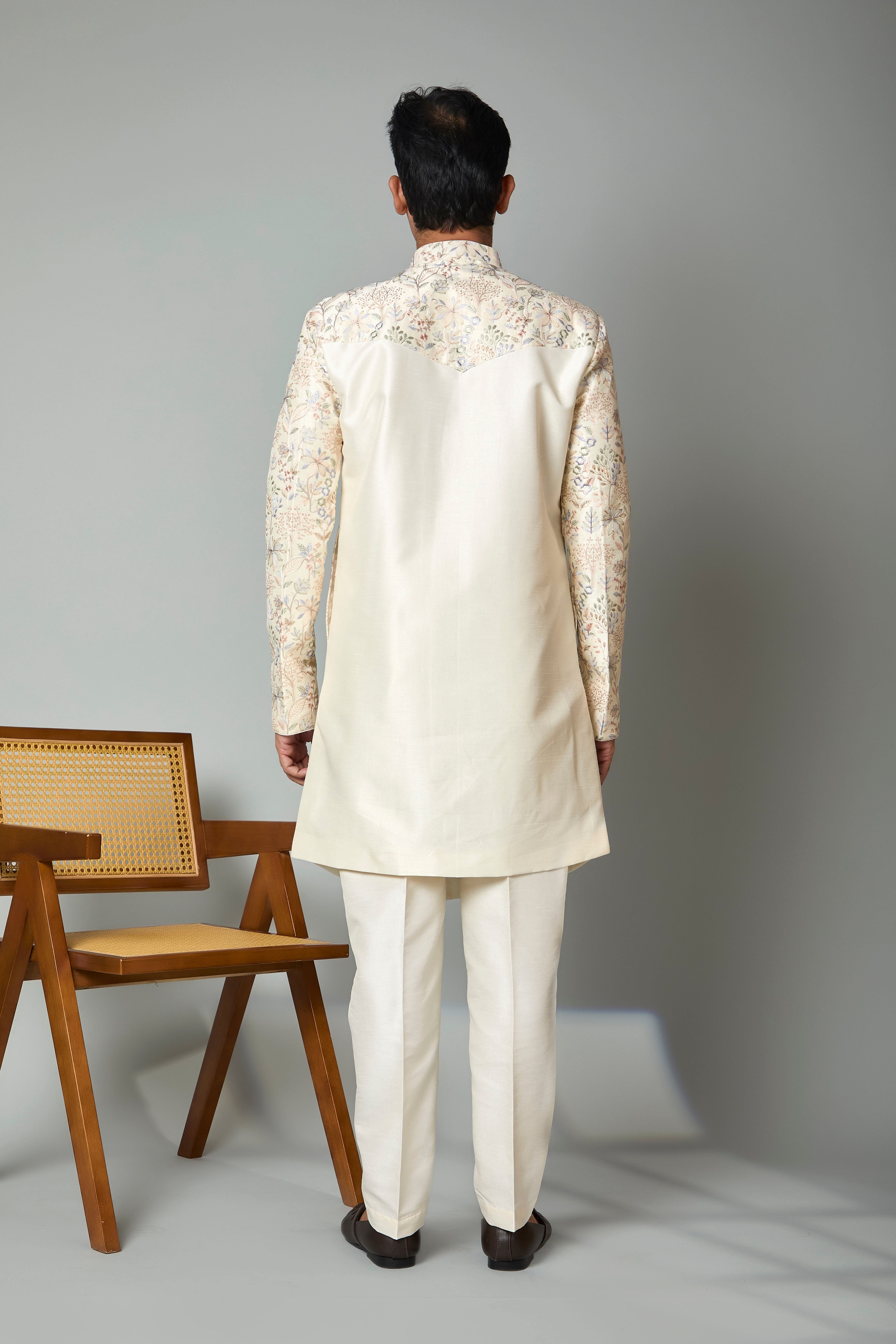 Cream Men's Indo-western in Smooth Raw Silk for Wedding Celebrations