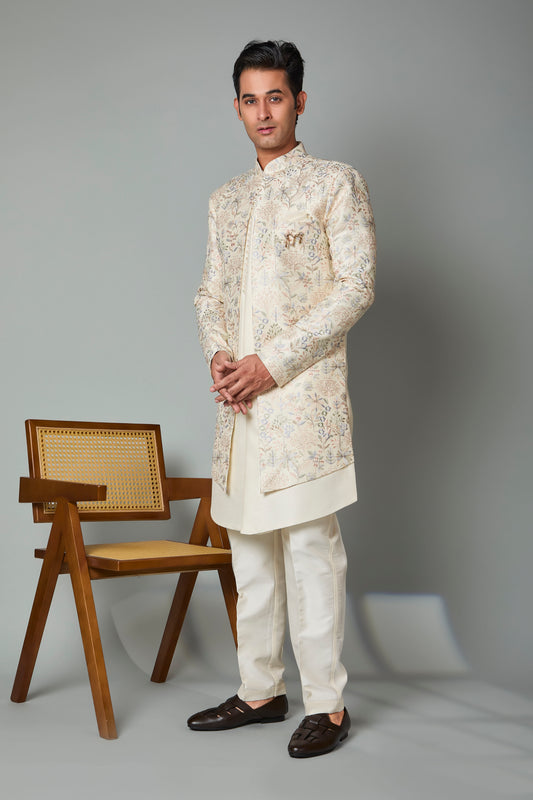 Men's Indo-western in Smooth Raw Silk for Wedding Celebrations