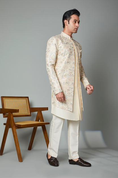 Men's Indo-western in Smooth Raw Silk for Wedding Celebrations