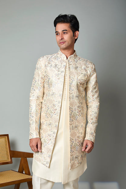 Men's Indo-western in Smooth Raw Silk for Wedding Celebrations