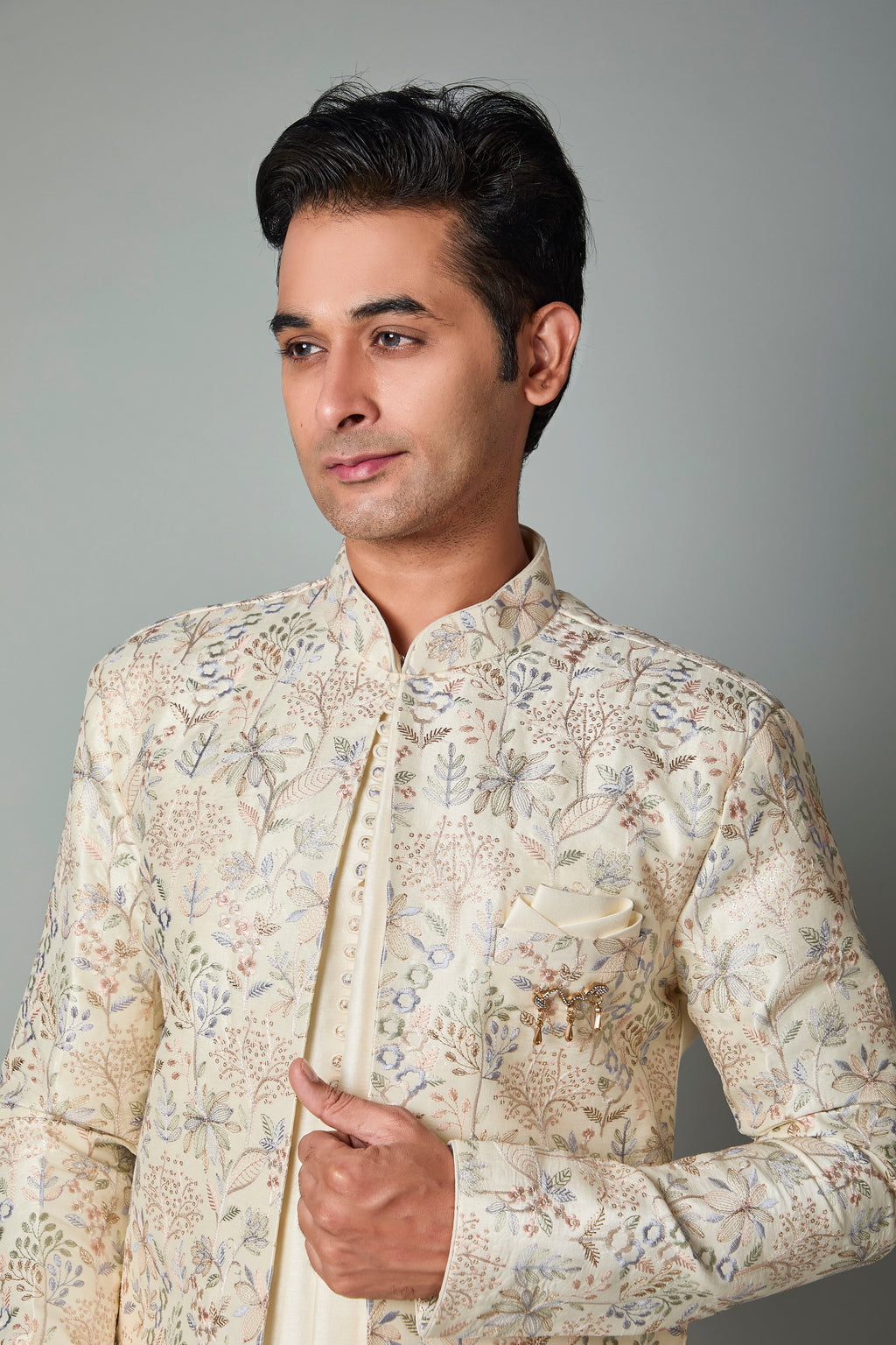 Cream Men's Indo-western in Smooth Raw Silk for Wedding Celebrations