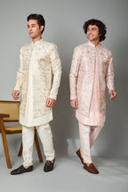Raw Silk Light Peach Men's Indo-western in Silk for Traditional Functions