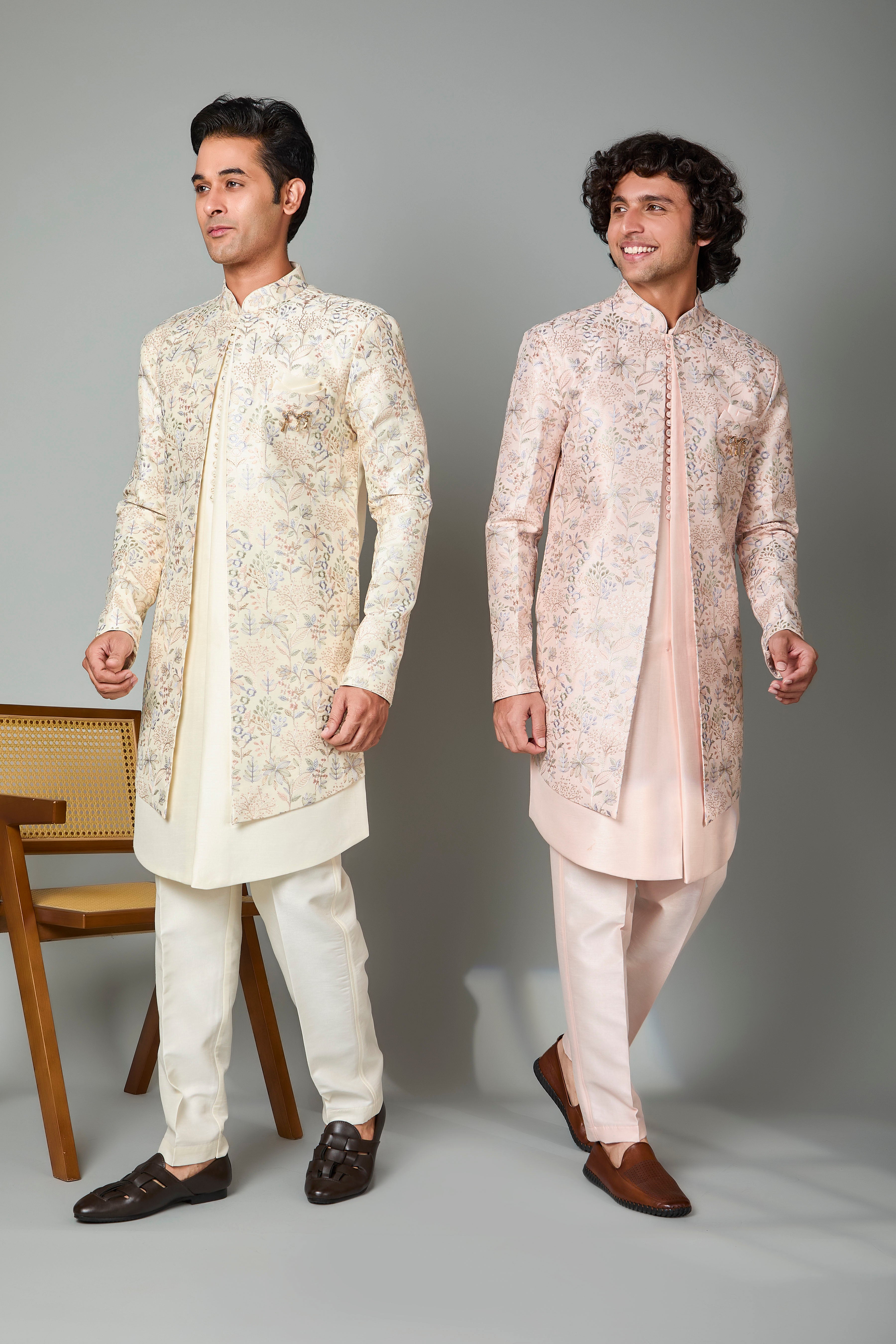 Raw Silk Light Peach Men's Indo-western in Silk for Traditional Functions
