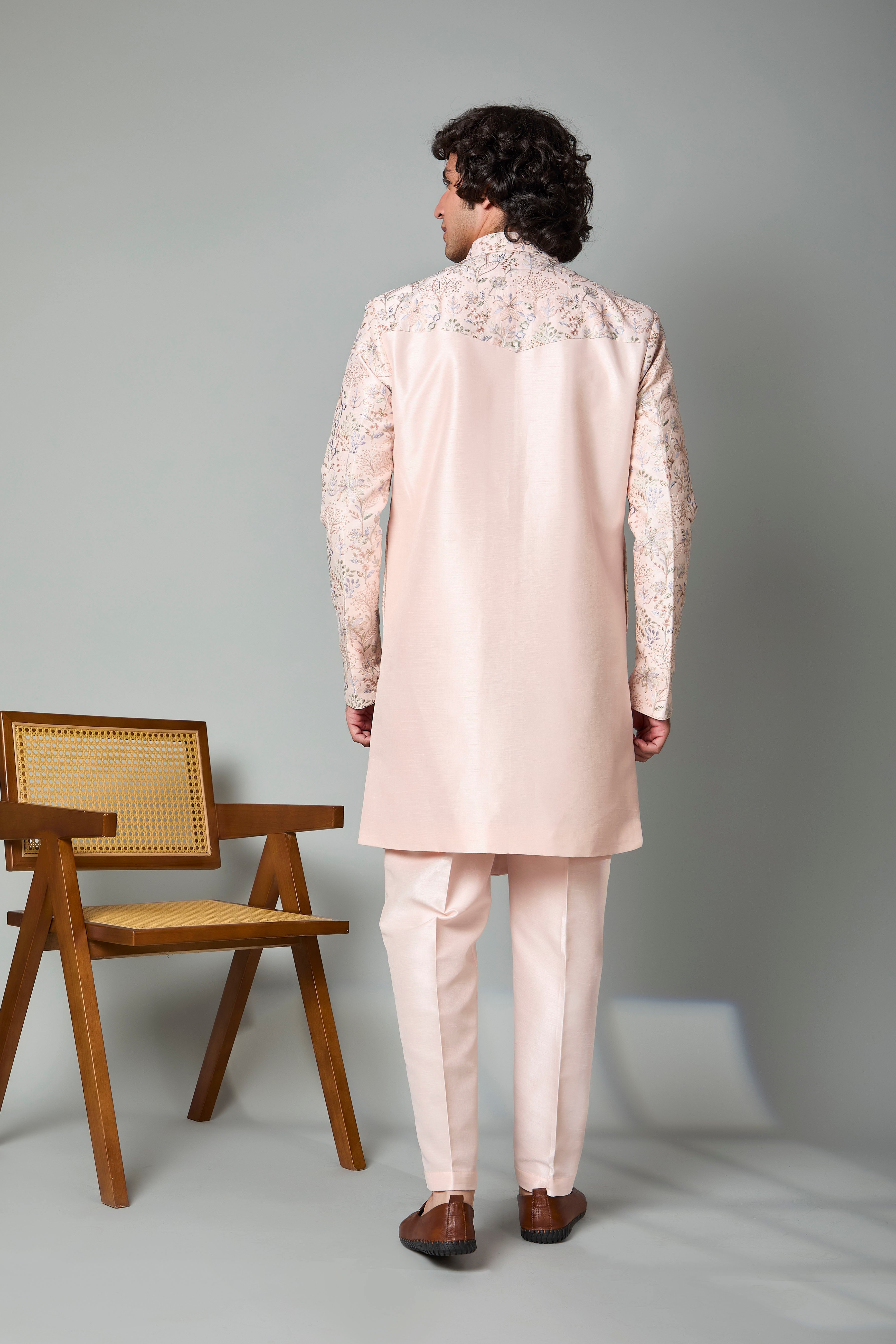 Raw Silk Light Peach Men's Indo-western in Silk for Traditional Functions