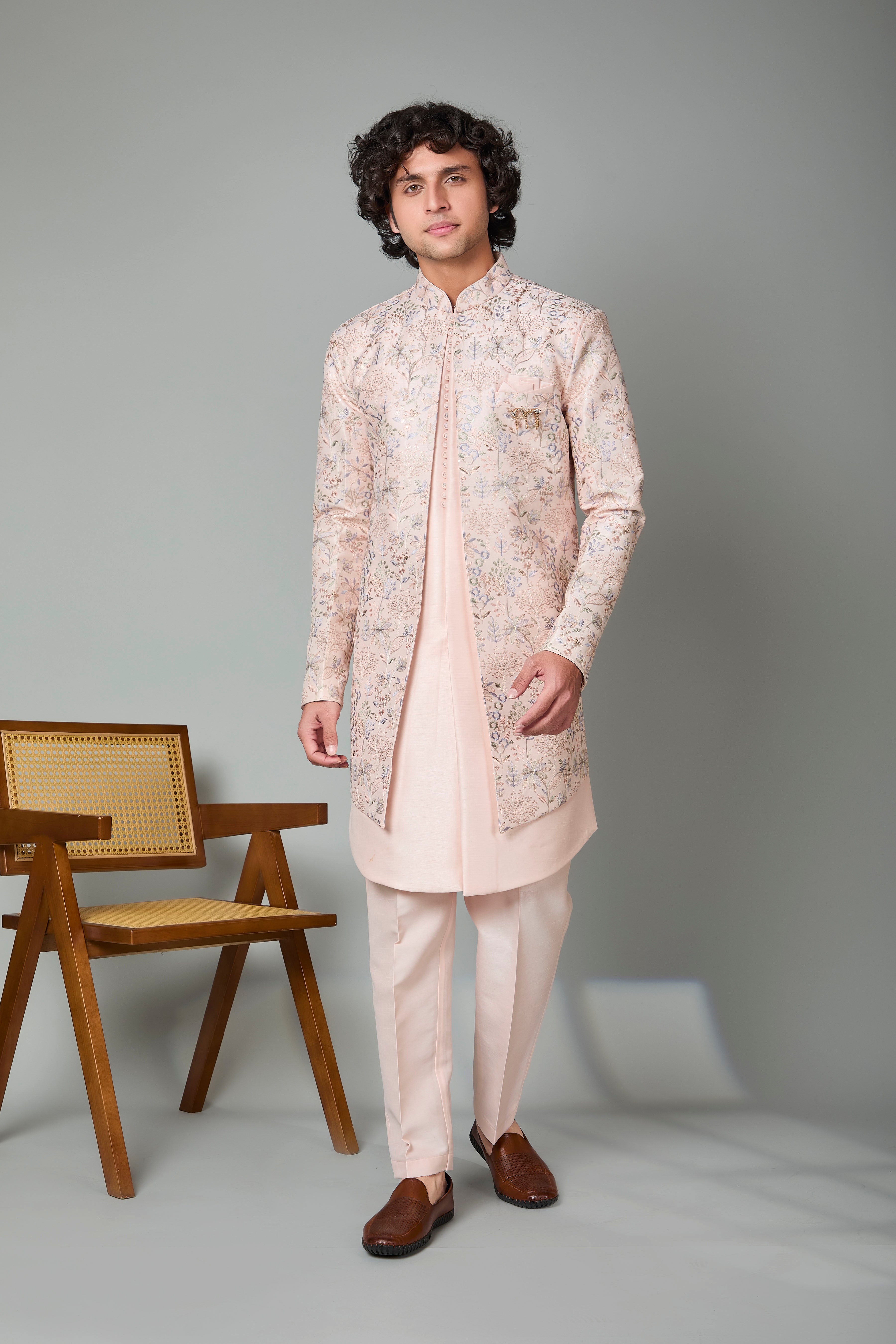 Raw Silk Light Peach Men's Indo-western in Silk for Traditional Functions