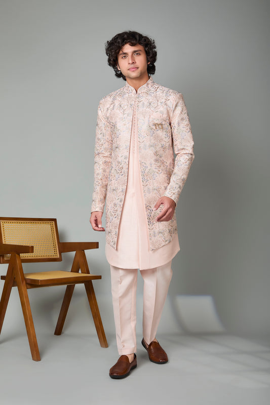 Raw Silk Light Peach Men's Indo-western in Silk