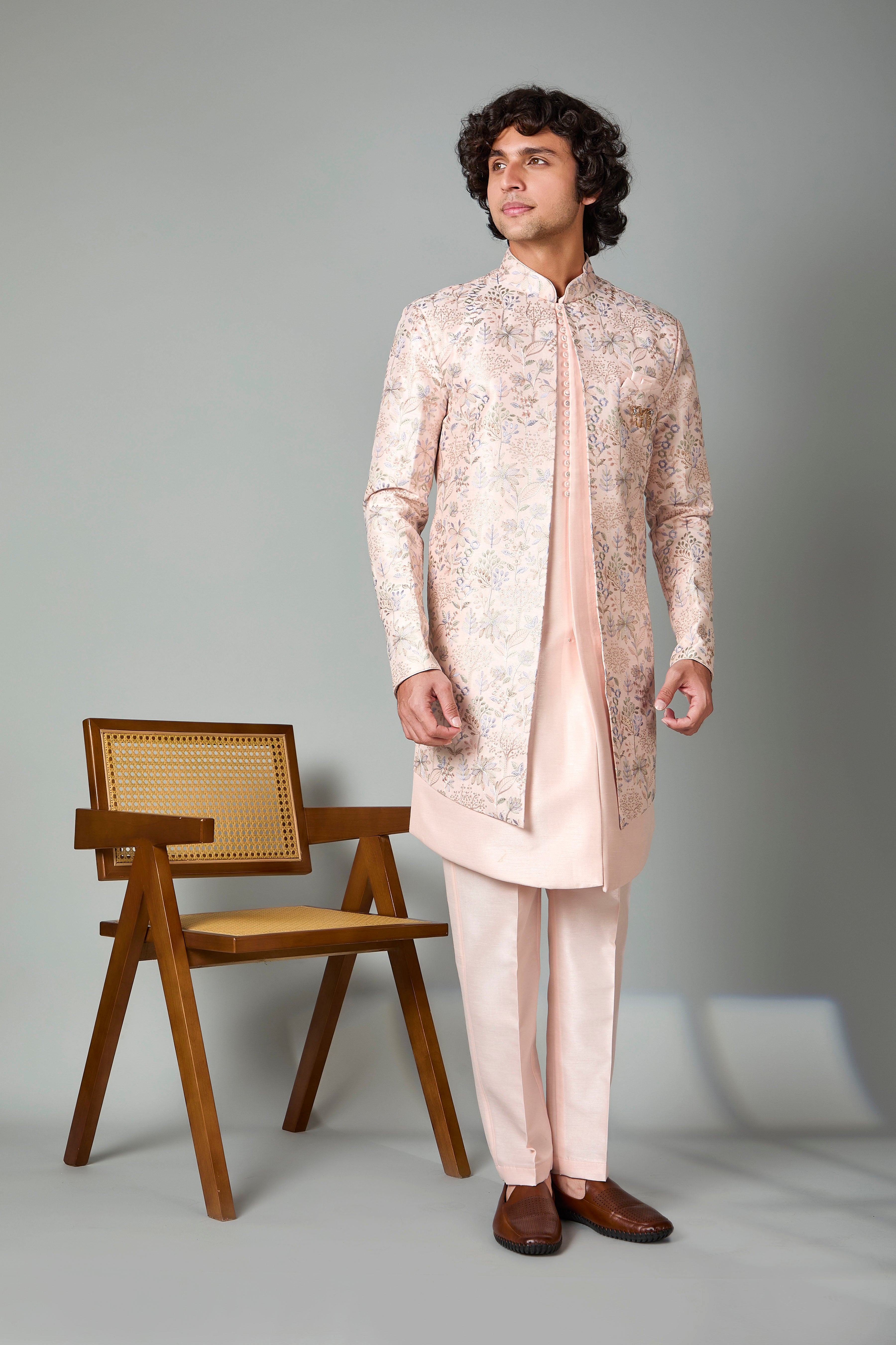 Raw Silk Light Peach Men's Indo-western in Silk for Traditional Functions
