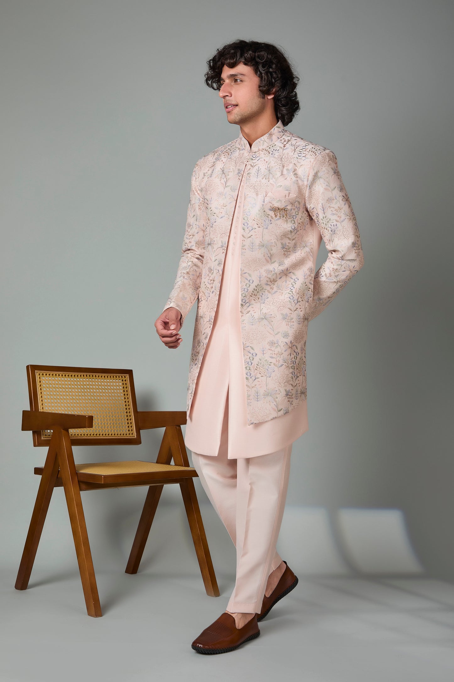 Raw Silk Light Peach Men's Indo-western in Silk
