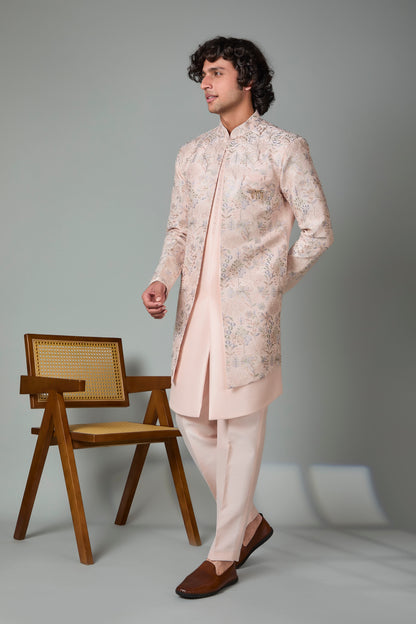 Raw Silk Light Peach Men's Indo-western in Silk
