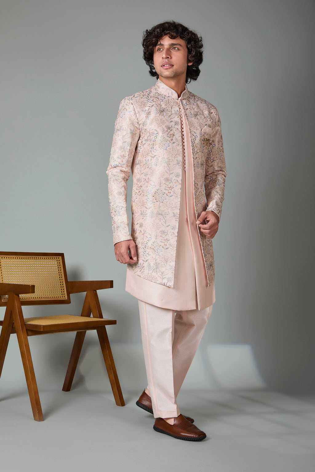 Raw Silk Light Peach Men's Indo-western in Silk for Traditional Functions